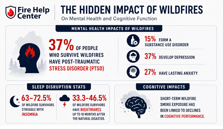 A hidden impact of wildfire facts infographic displaying wildfire statistics in navy, red, and white.
