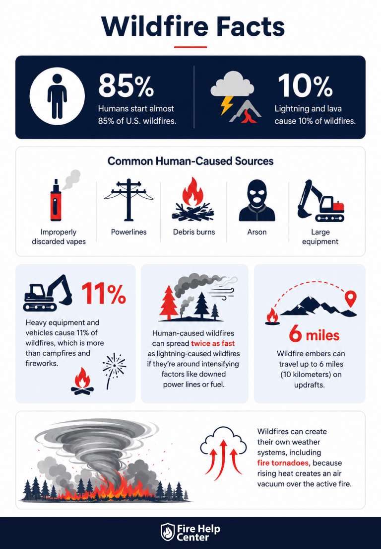 A wildfire facts infographic displaying wildfire statistics in navy, red, and white.