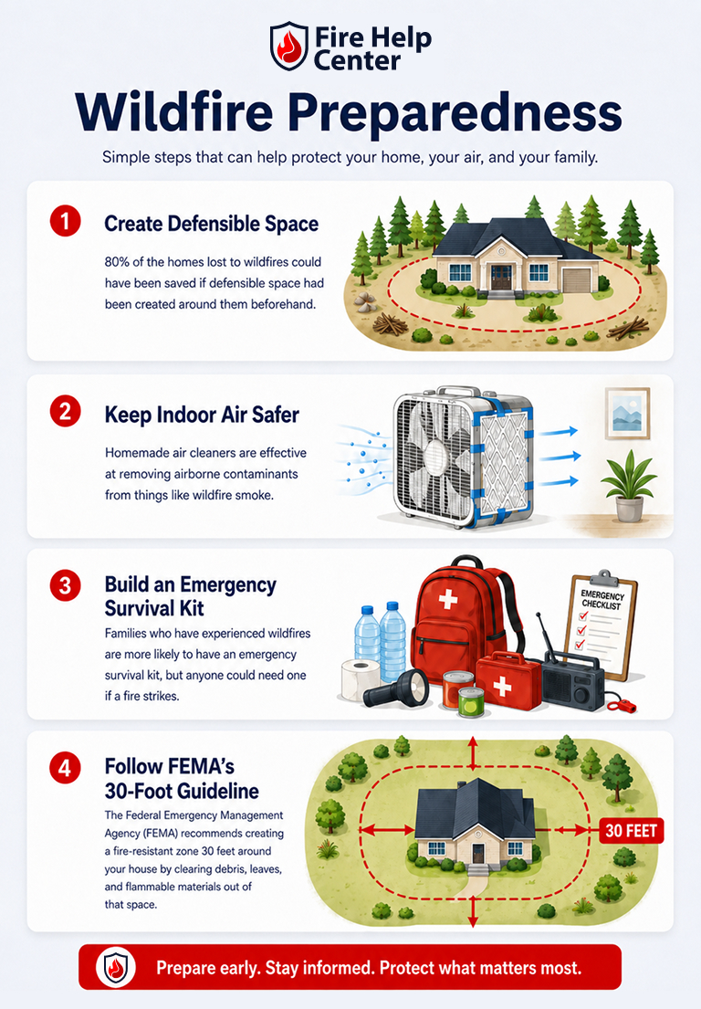 A wildfire preparedness infographic displaying wildfire statistics in navy, red, white, and green.