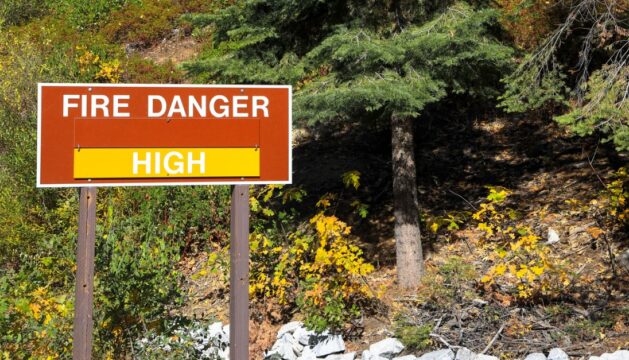 Fire danger sign near trees.