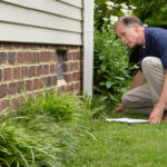 A home inspector crouching in a yard to examine a house foundation and vents